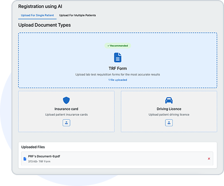 dashboard view of an online lab management software displaying patient billing records, payment status, and login options for collection centres, doctors, organizations, and hospitals, with navigation icons for registration, report print, finance, ledger, inventory, and search
